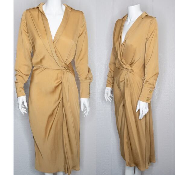 SAINT MOJAVI MAHARAJA Silk Tan Champagne Long Sleeve Faux Wrap Midi Dress MEDIUM - Picture 1 of 15